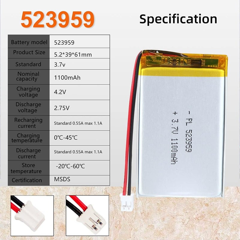 QIMAOO 523959 3.7V Lipo Battery 1100mAh 523959 Rechargeable Lithium Polymer Battery Pack with JST PH2.0mm Connector for Electronic Device - Image 3